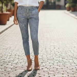 Vintage Kenar Trousers White and Blue Patterned Dress Pants